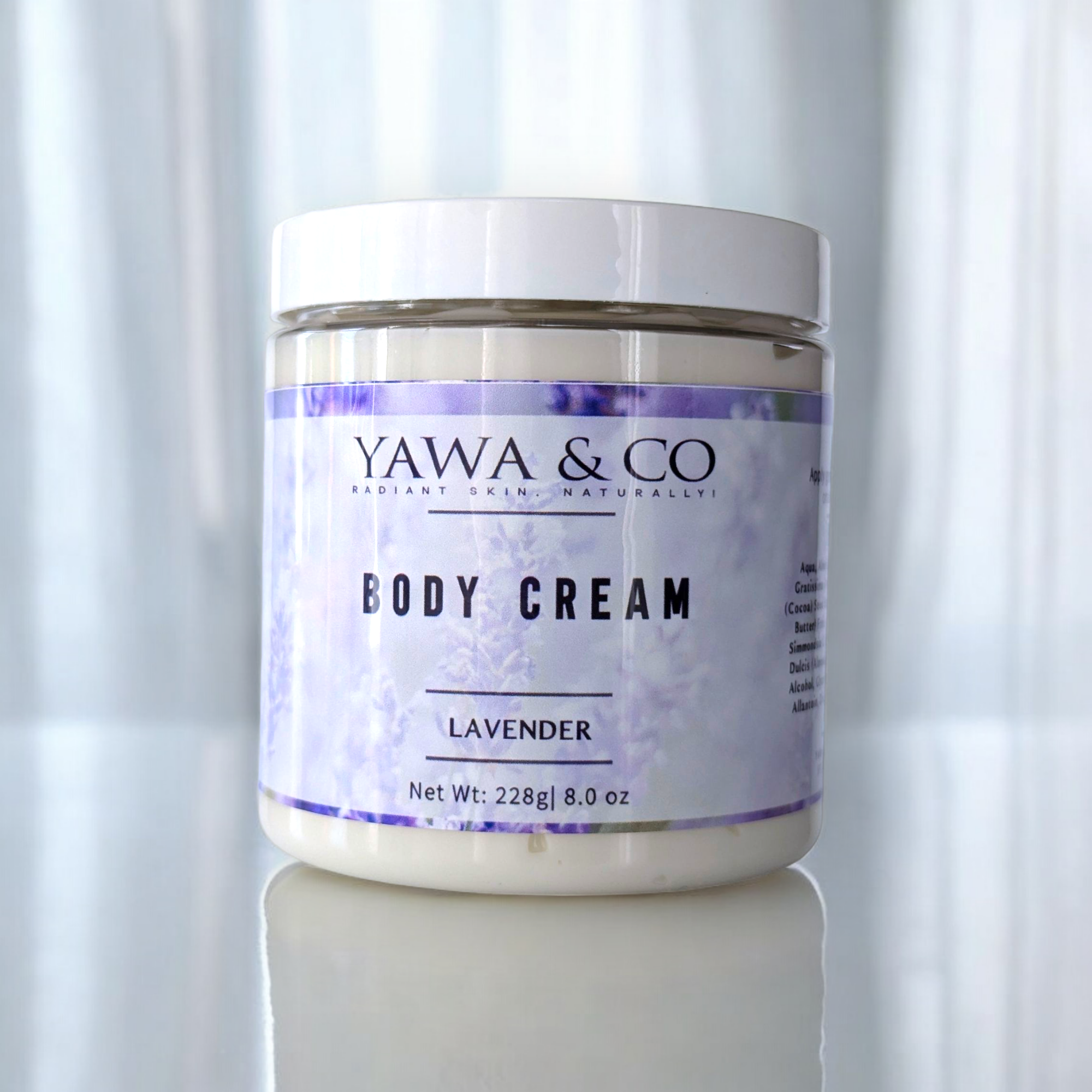 Luxurious handmade Lavender Body Cream in a sleek jar, formulated with nourishing shea butter and avocado oil for quick absorption and non-greasy hydration.