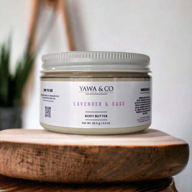 Rich Lavender & Sage Body Butter in an elegant jar, combining the aromatic essences of rosemary, thyme, lavender, and sage with a touch of white musk for deep skin nourishment.